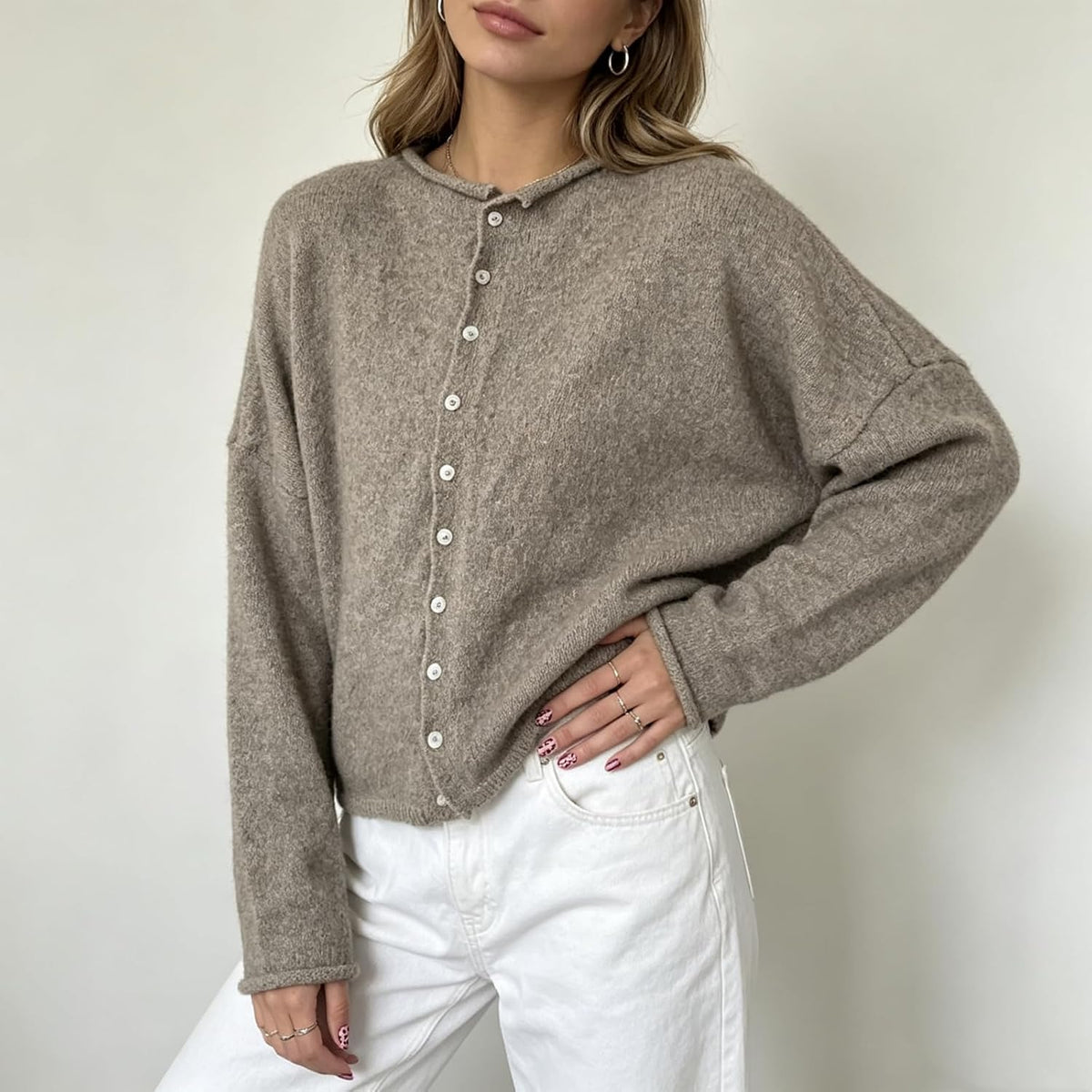 Women Knit Cardigan Sweaters Long Sleeve Button Down Loose Top