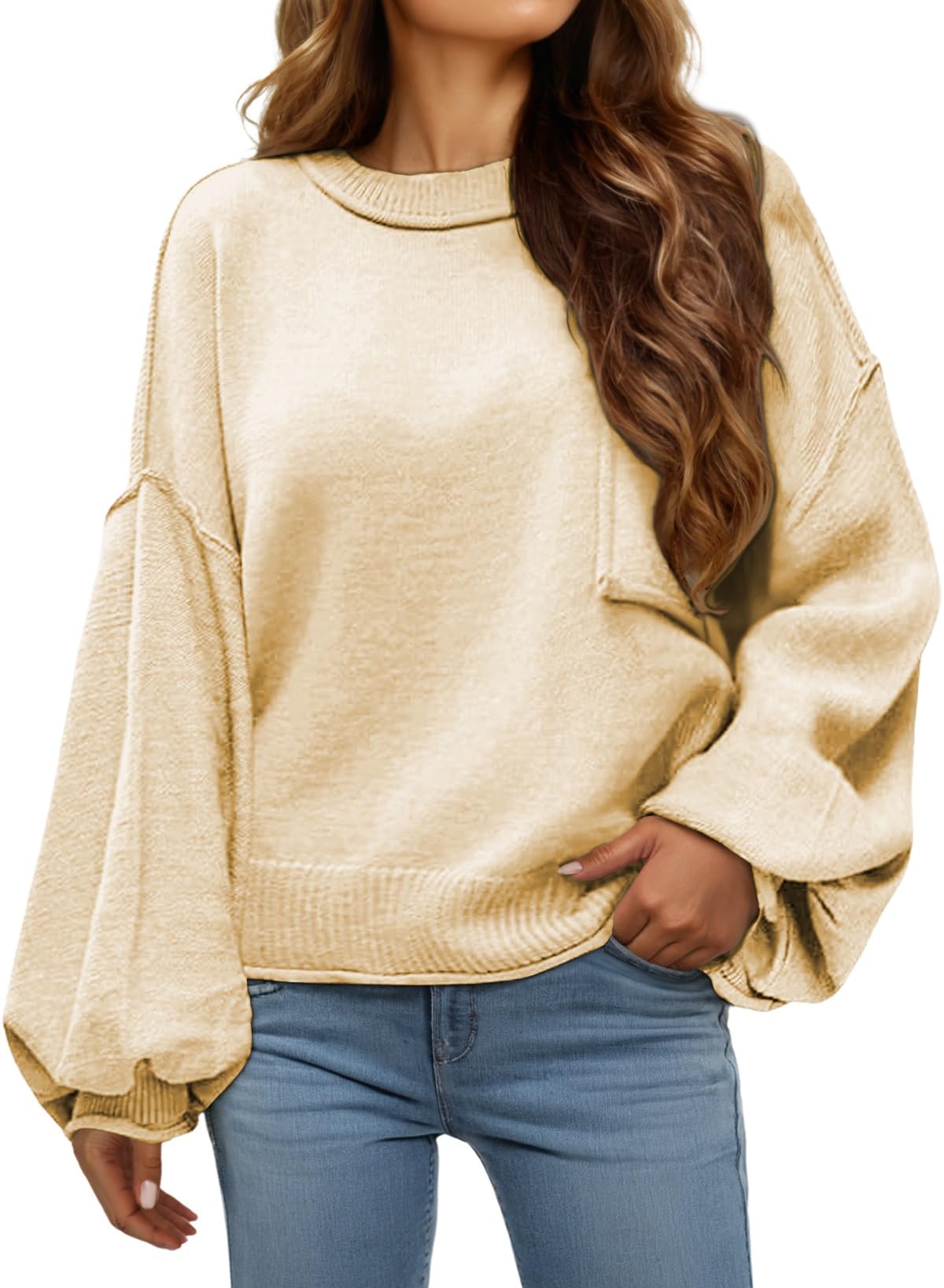 Dokotoo Women's Sweater Tops 2026 Ribbed Knitwear Lantern Pullover Sweater