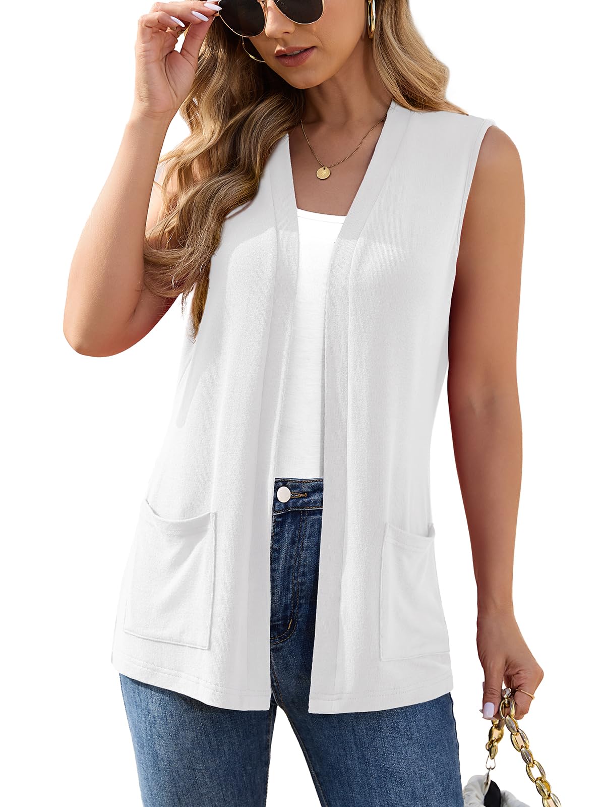 Veryoung Womens Sleeveless Open Front Cardigan Vest Lightweight Thin Vests Layering Top with Pockets for Summer Casual Office