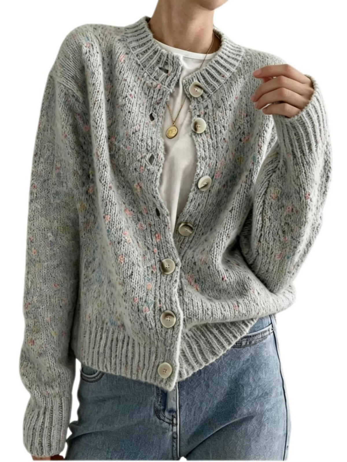 WDIRARA Women's Button Down Cardigan Sweaters Crewneck Long Sleeve Knit Outerwear Casual Knitwear