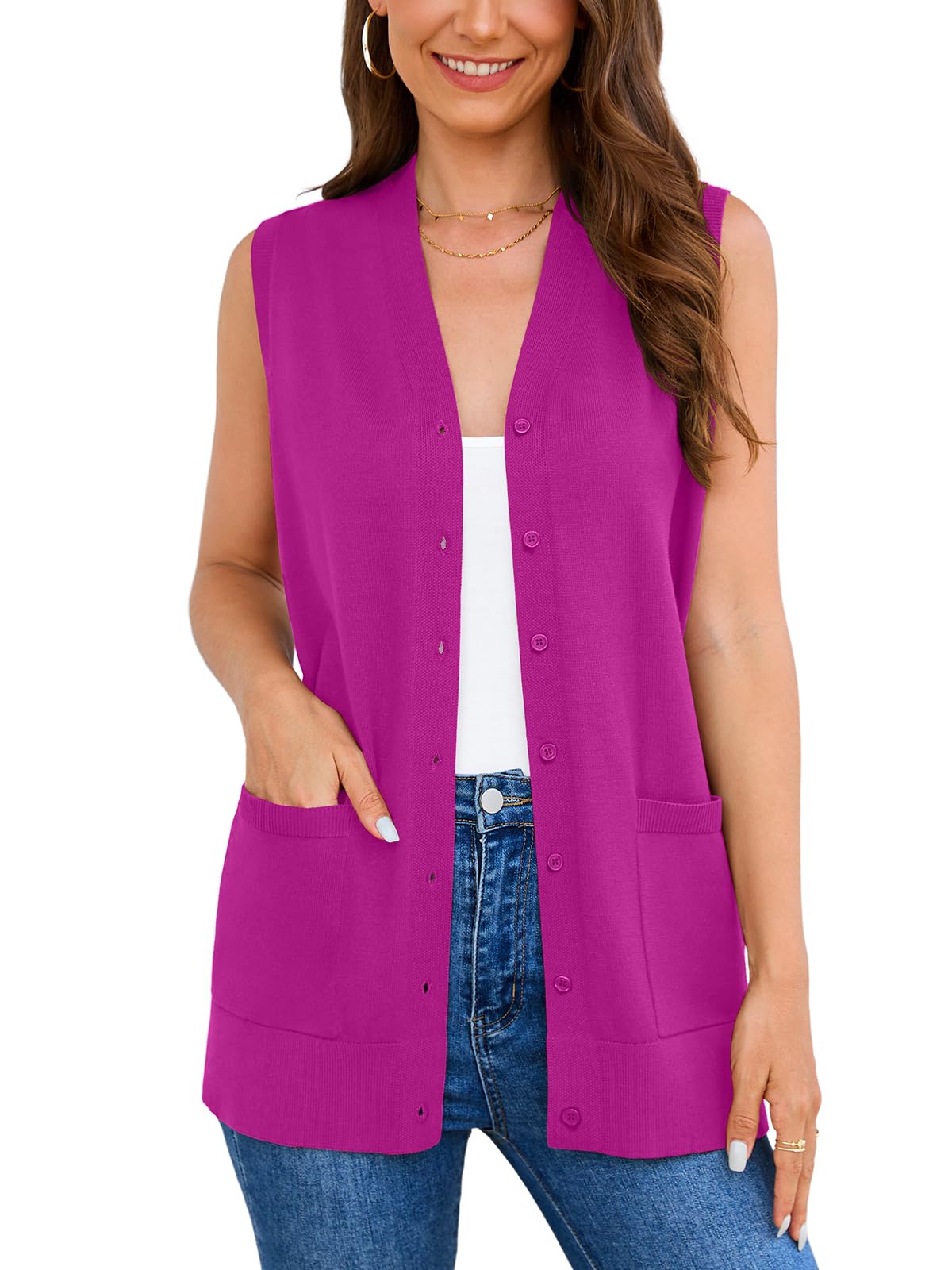Veryoung Women's 2026 Sleeveless Button Down Cardigan Sweaters Fashion Casual Soft Knit Office Duster Vests with Cozy Pockets