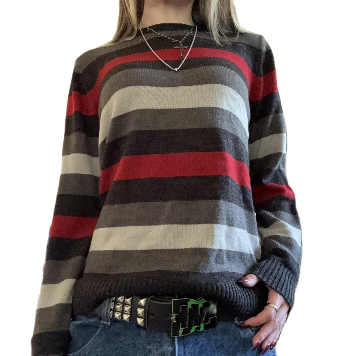 Women Y2K Argyle Striped Pullover Sweater Casual Long Sleeve Round Neck Vintage Preppy Style Pullover Knitwear