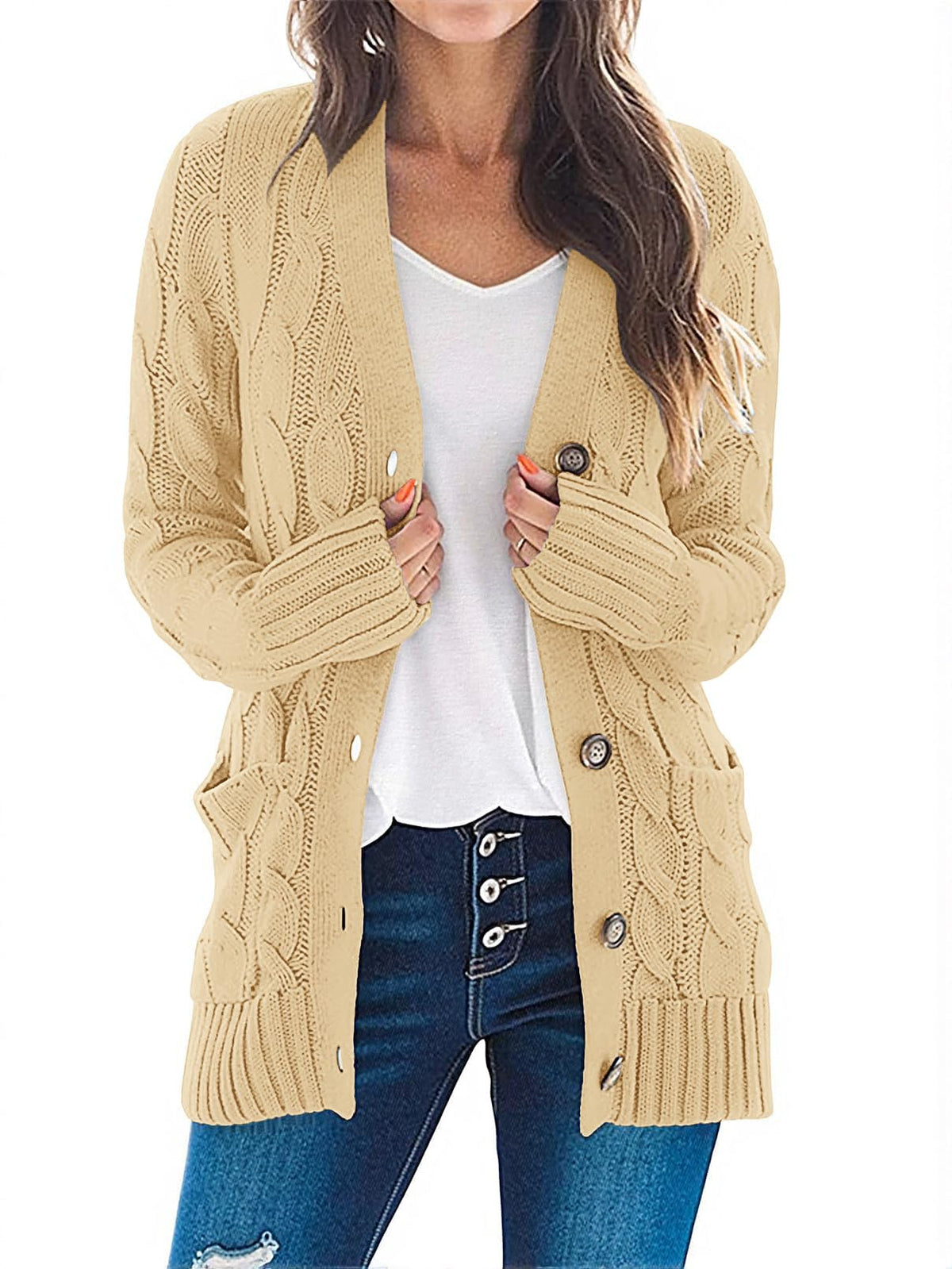 MEROKEETY Womens Fall 2026 Long Sleeve Cable Knit Cardigan Sweaters