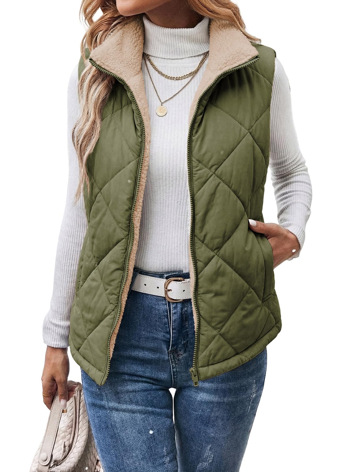 Dokotoo Womens Sherpa Fleece Vest Stand Collar Zip Up Puffer Quilted Jacket