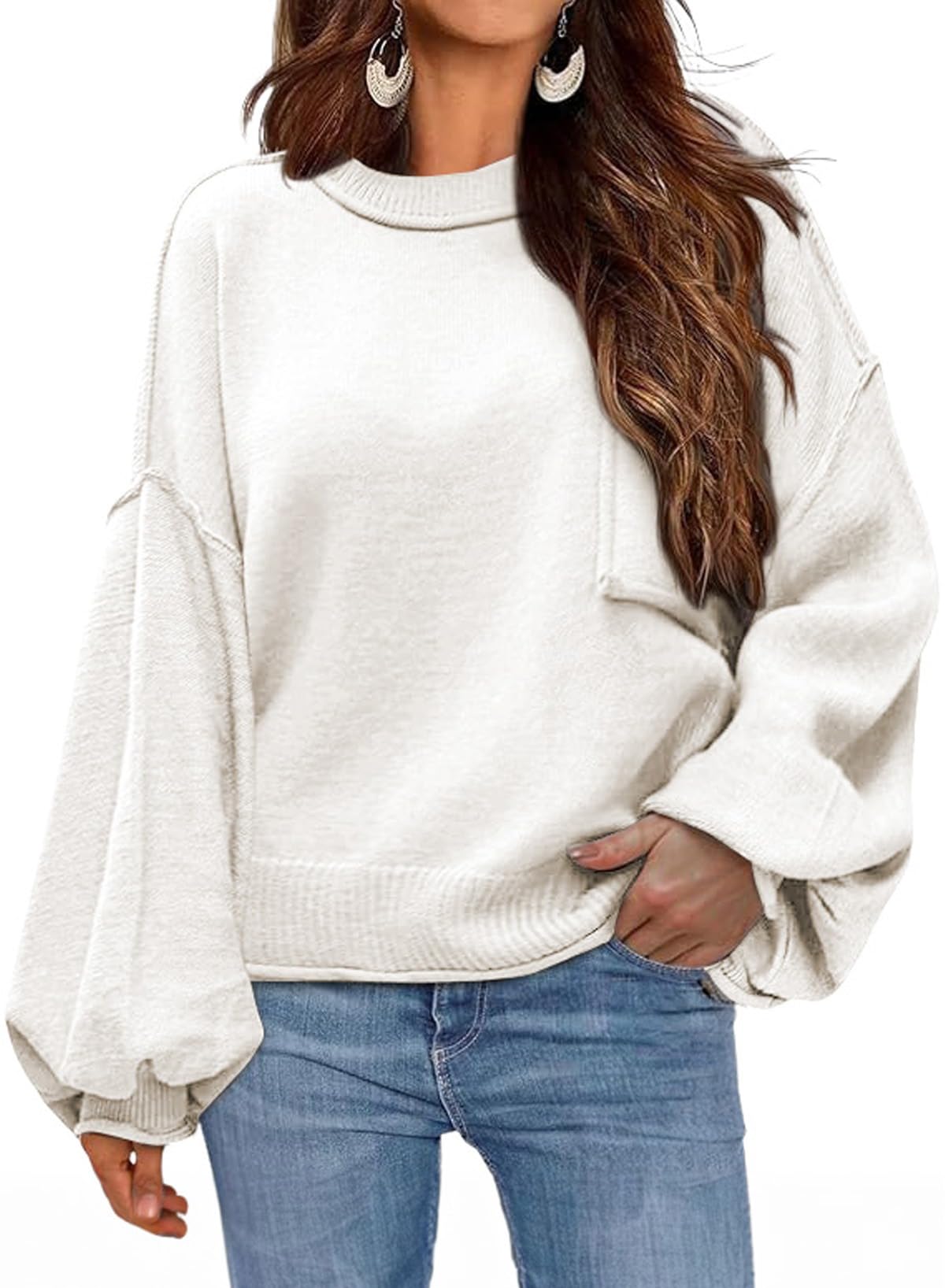 Dokotoo Women's Sweater Tops 2026 Ribbed Knitwear Lantern Pullover Sweater