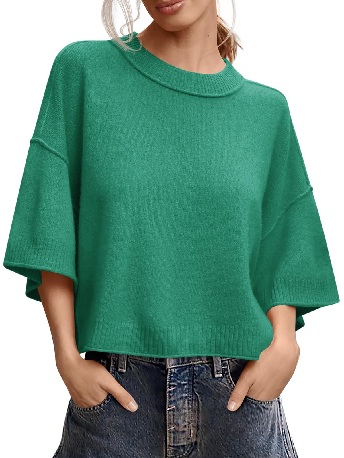 Saodimallsu Womens Short Sleeve Sweater Oversized Cropped Sweaters Knit Top