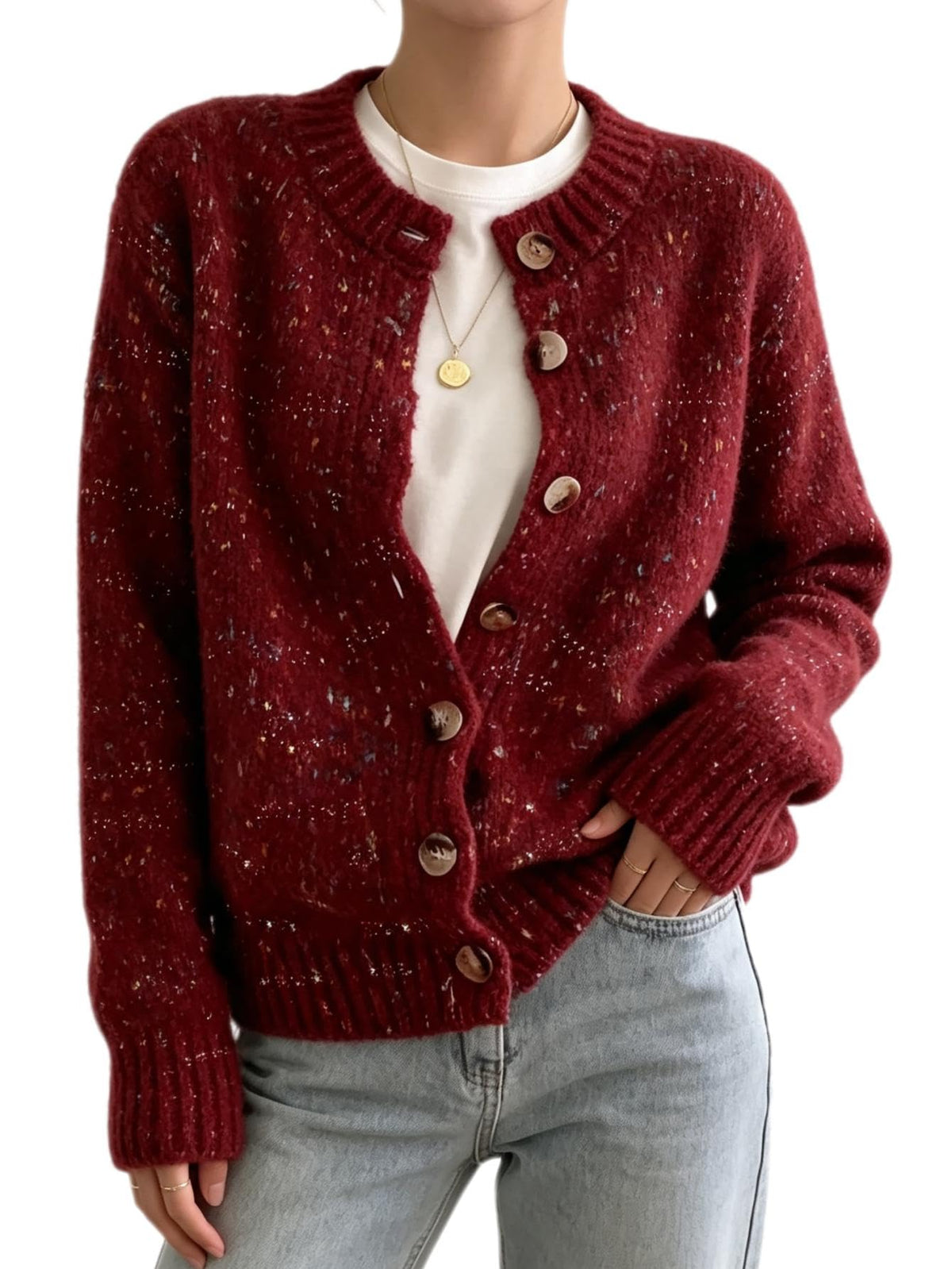WDIRARA Women's Button Down Cardigan Sweaters Crewneck Long Sleeve Knit Outerwear Casual Knitwear