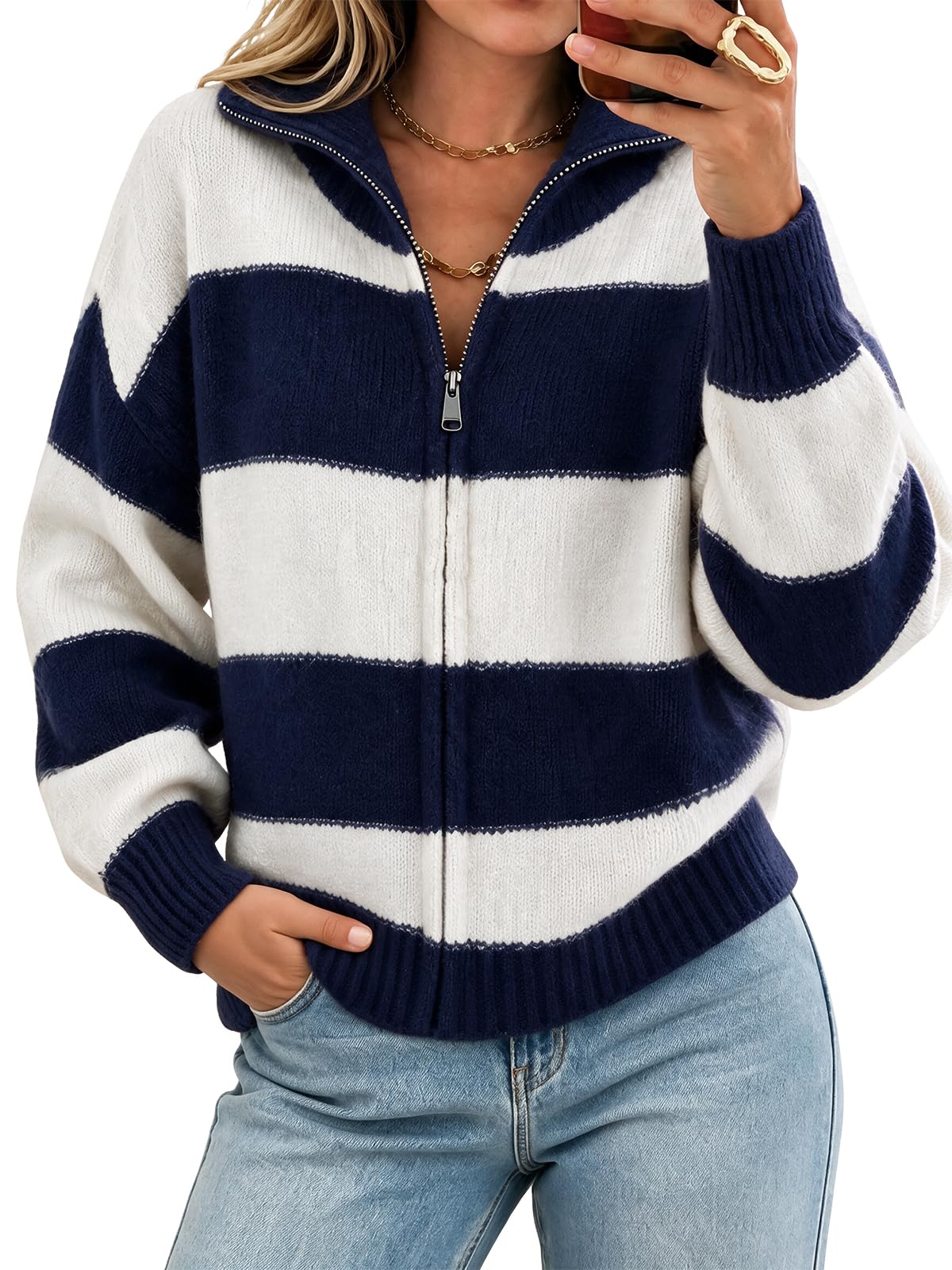 Cicy Bell Women Striped Color Block Cardigan Zip Long Sleeve Knit Sweater
