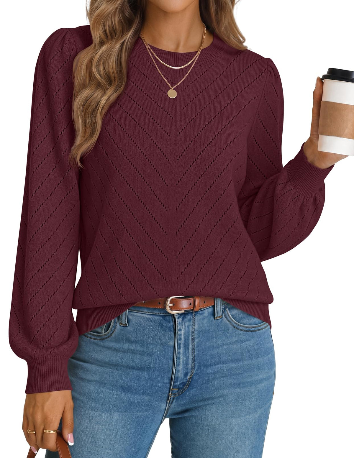 MEROKEETY Womens Fall Lightweight Sweater Long Sleeve Eyelet Pullover Tops