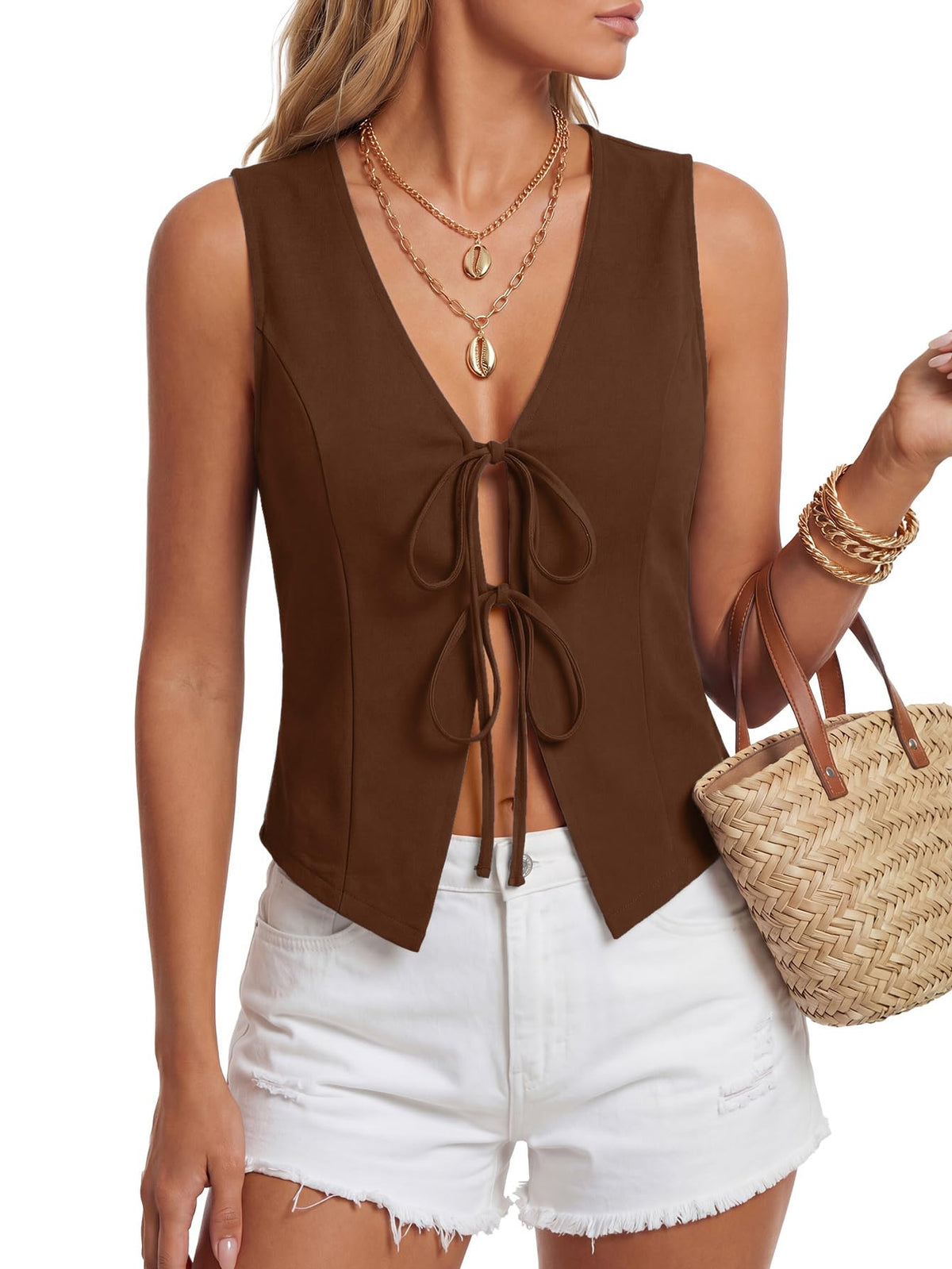 Vrtige Women's Y2k V Neck Tie Front Tank Tops