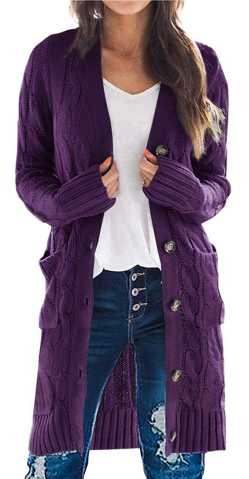 PRETTYGARDEN Womens Cable Knit Button Long Cardigan Sweaters