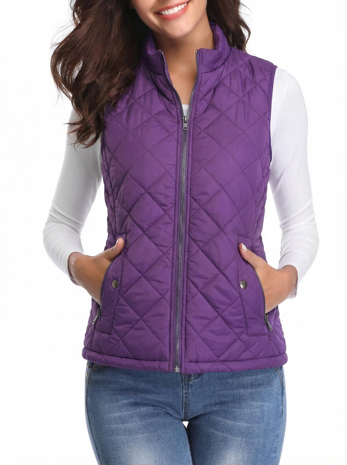 Fuinloth Women's Quilted Vest Lightweight Puffer Stand Collar Zip Gilet