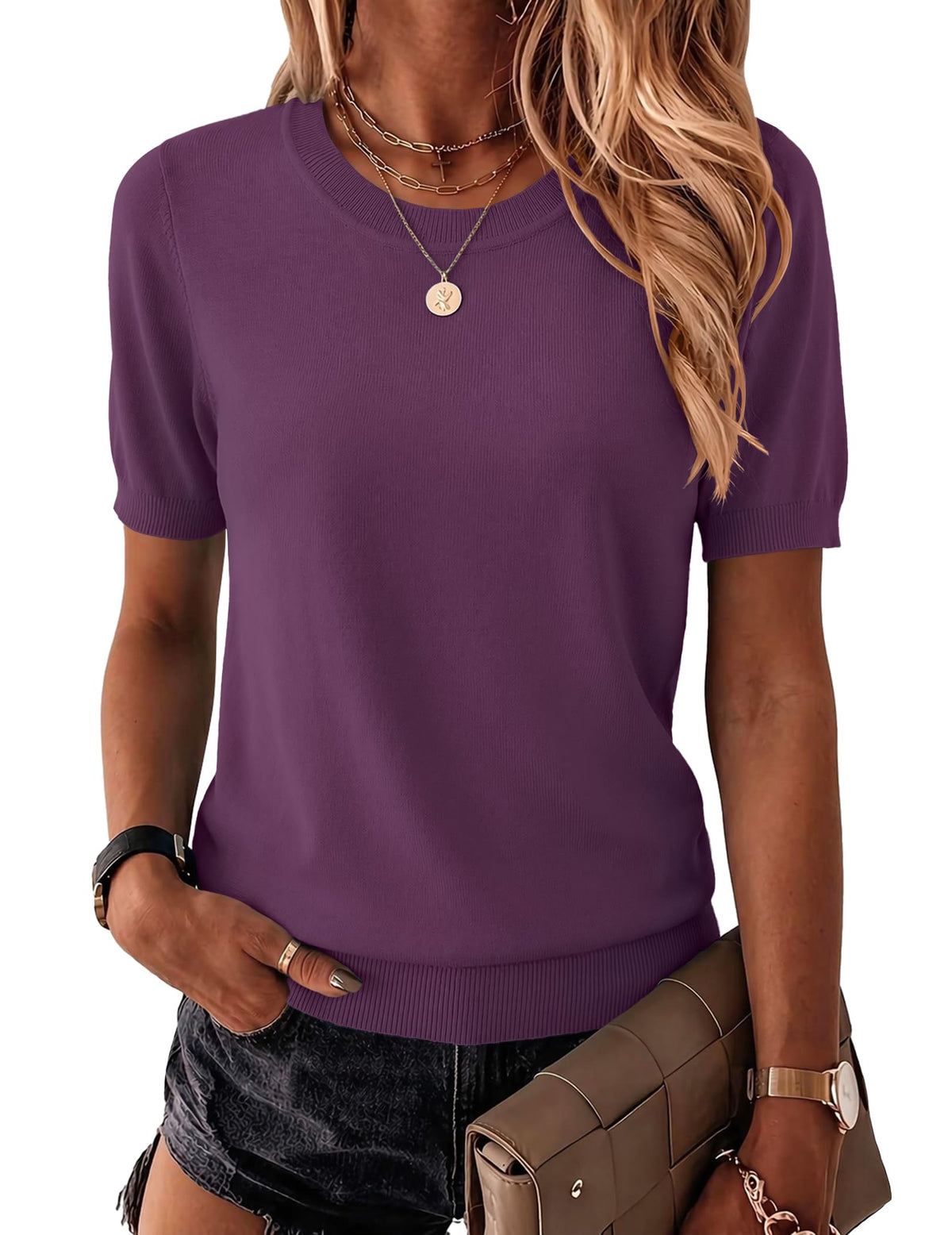 Zeagoo Womens Tops Short Sleeve Sweater Crewneck Basic Fashion Clothing