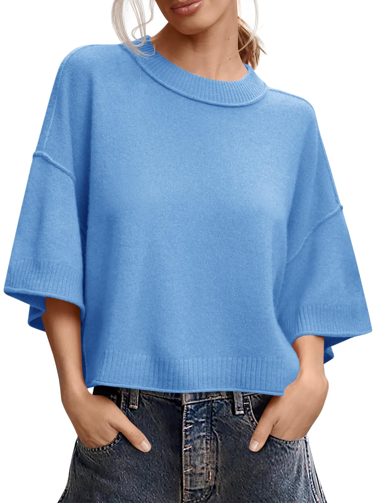Saodimallsu Womens Short Sleeve Sweater Oversized Cropped Sweaters Knit Top