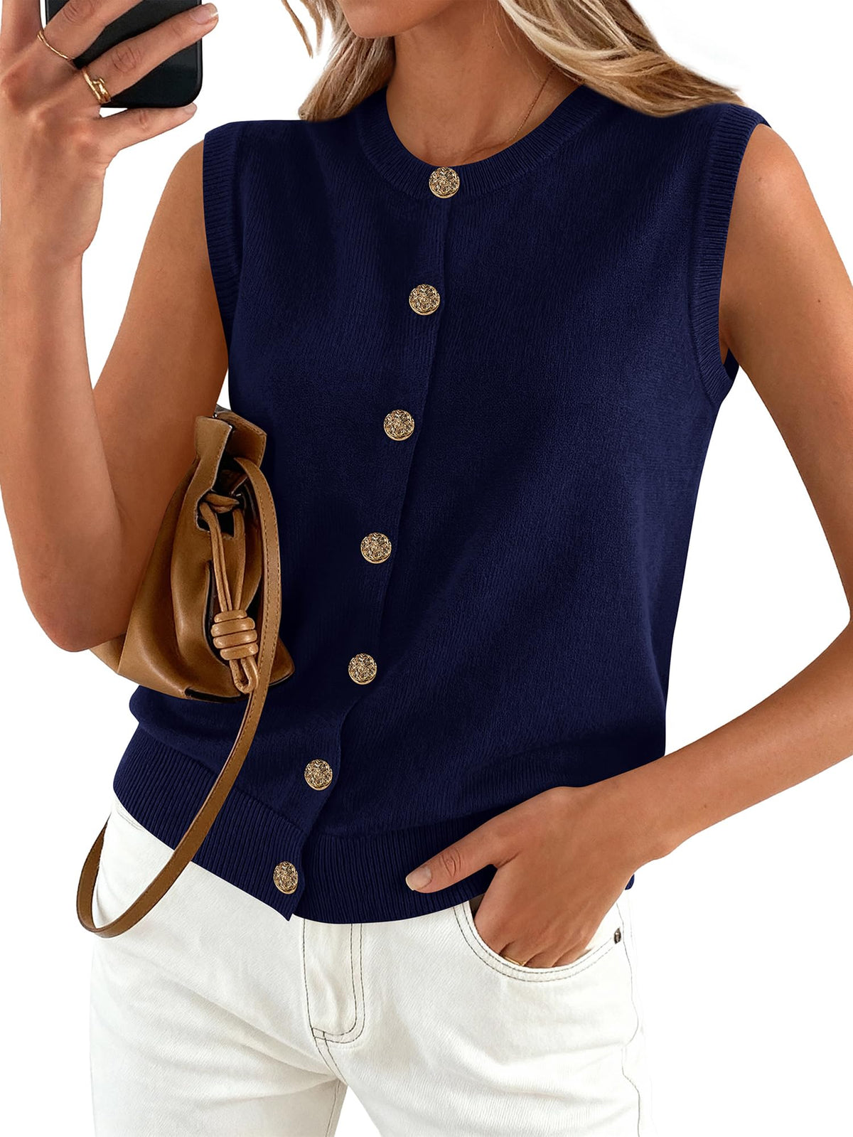 BTFBM Sweater Vest Women Casual Crewneck Loose Button Down Knit Sleeveless Cardigan 2026 Spring Clothes Summer Vest Tops
