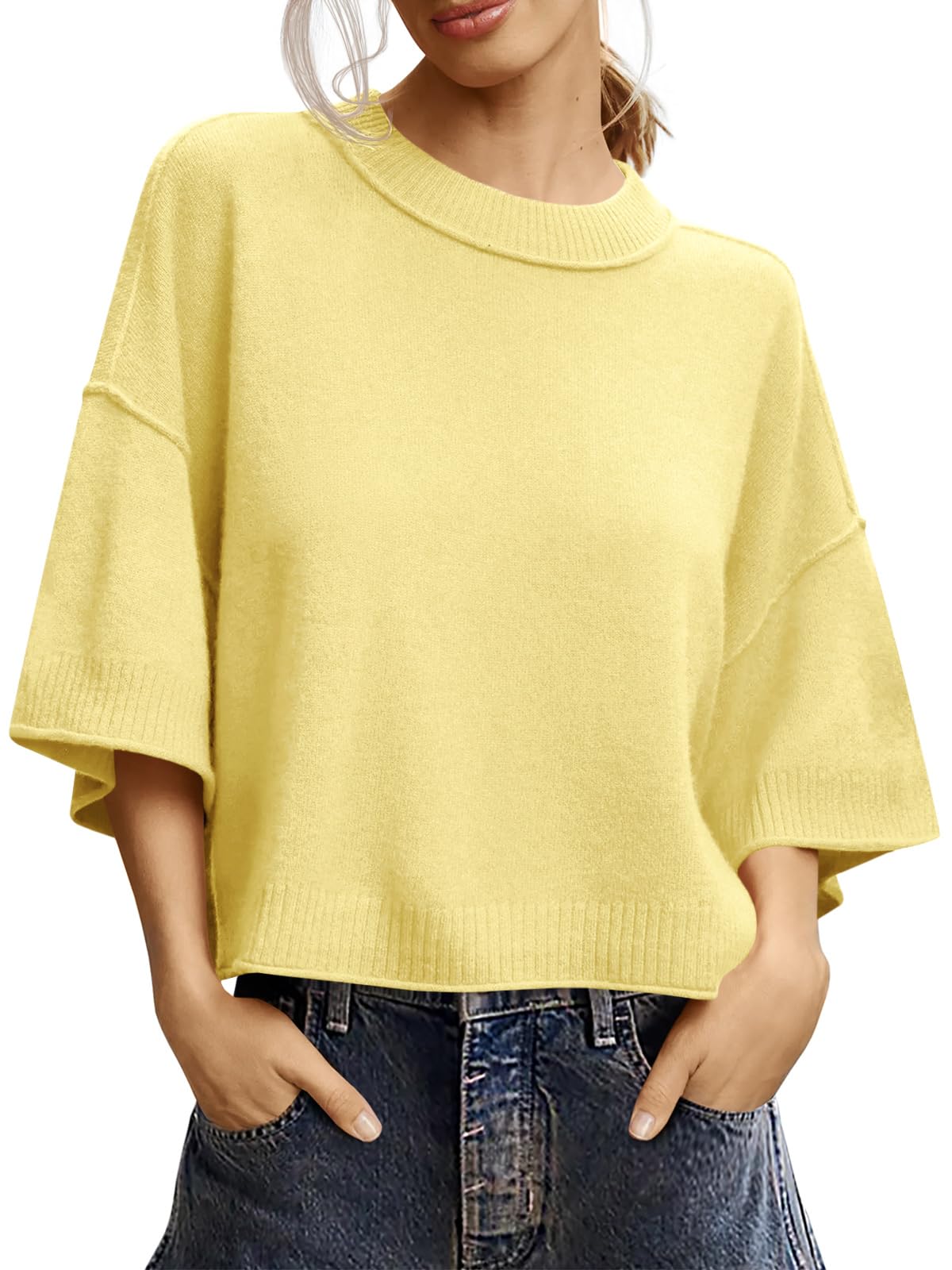 Saodimallsu Womens Short Sleeve Sweater Oversized Cropped Sweaters Knit Top
