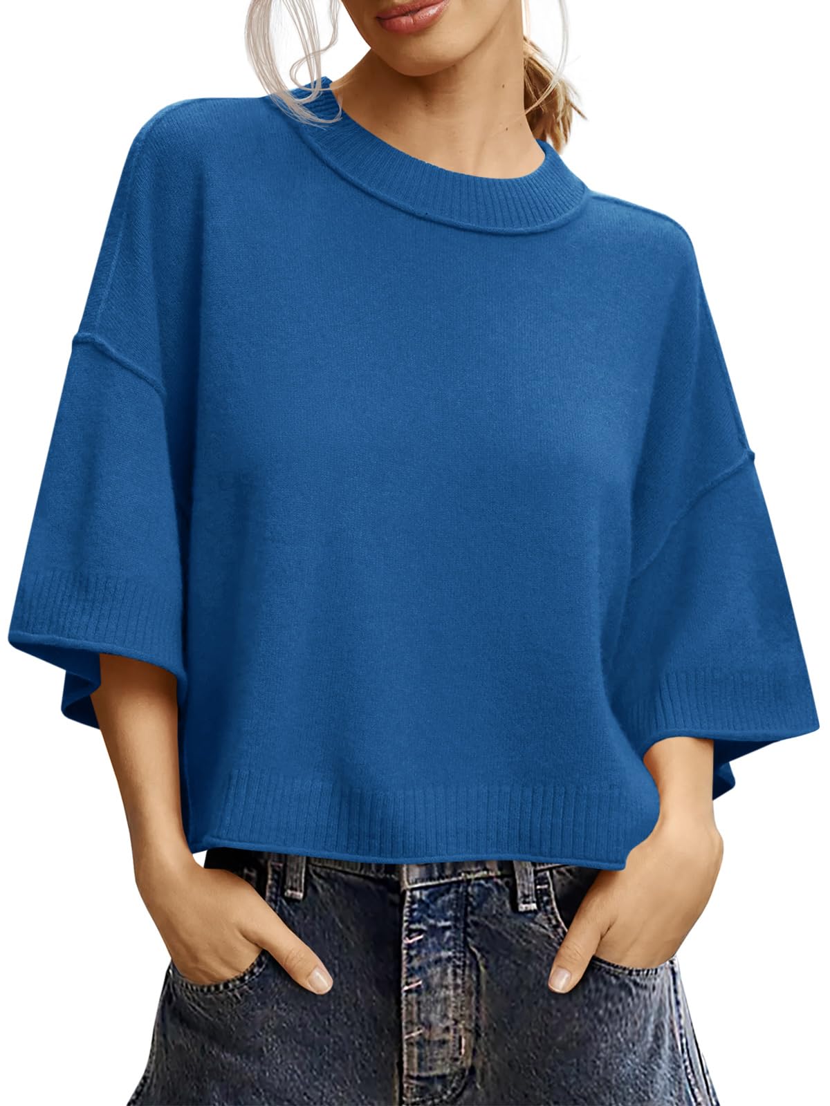 Saodimallsu Womens Short Sleeve Sweater Oversized Cropped Sweaters Knit Top