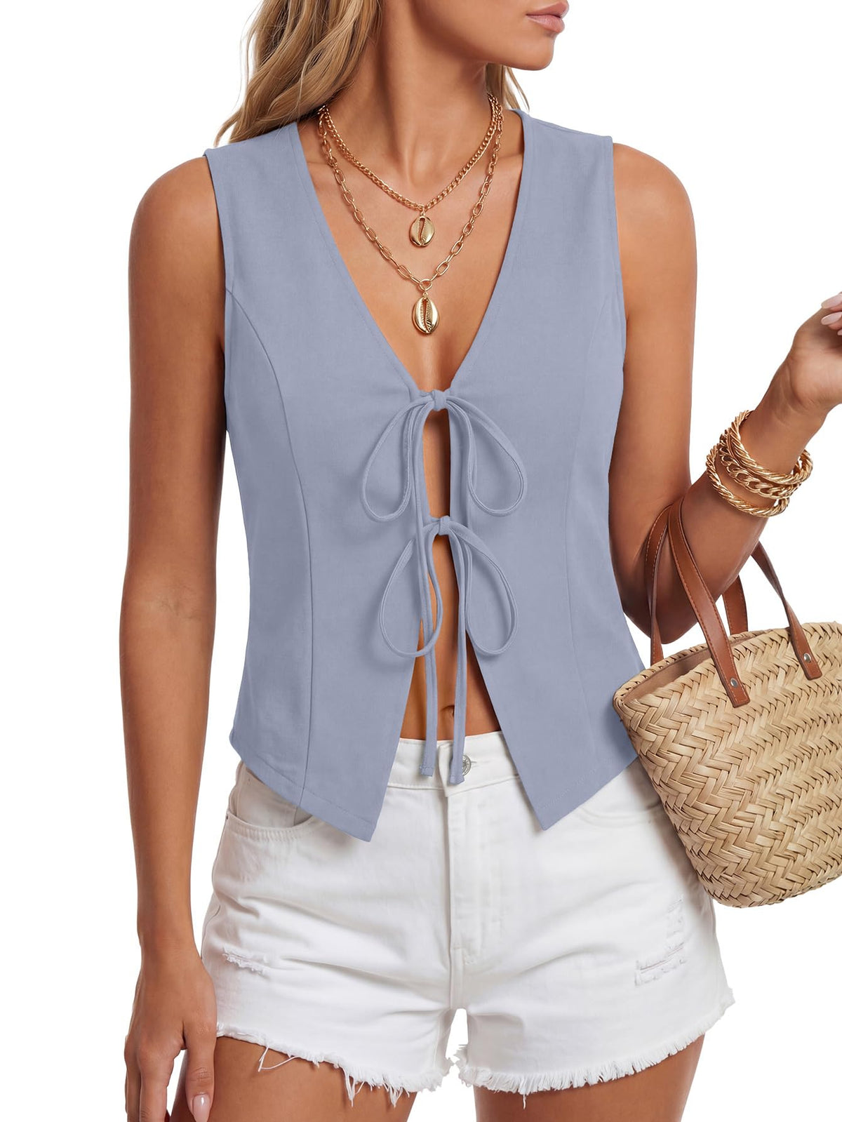 Vrtige Women's Y2k V Neck Tie Front Tank Tops