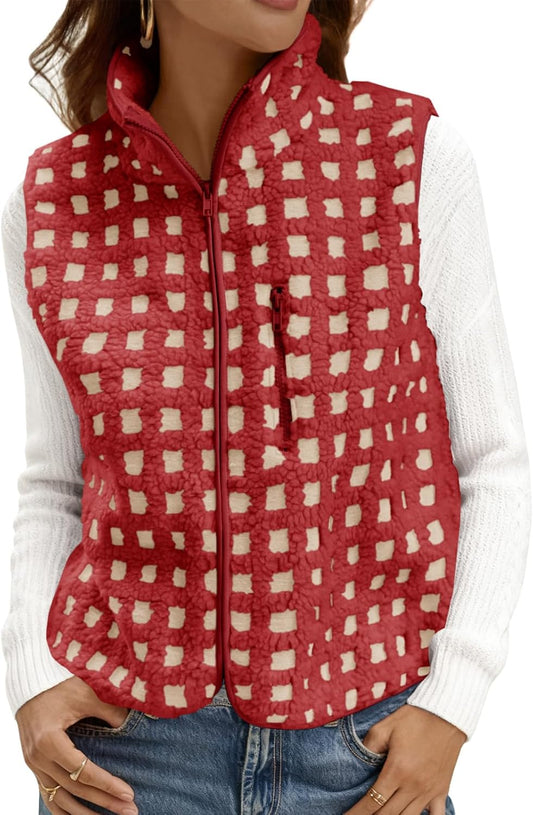 Tankaneo Womens Checkered Sherpa Vest Fleece Fuzzy Zip Up Sleeveless Jacket