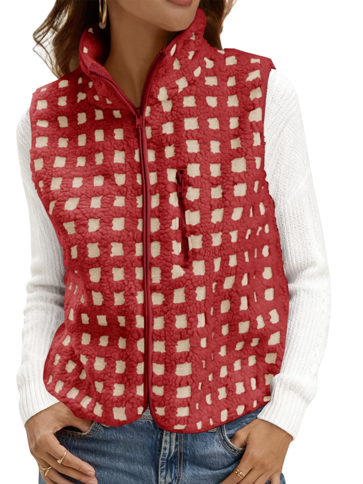 Tankaneo Womens Checkered Sherpa Vest Fleece Fuzzy Zip Up Sleeveless Jacket