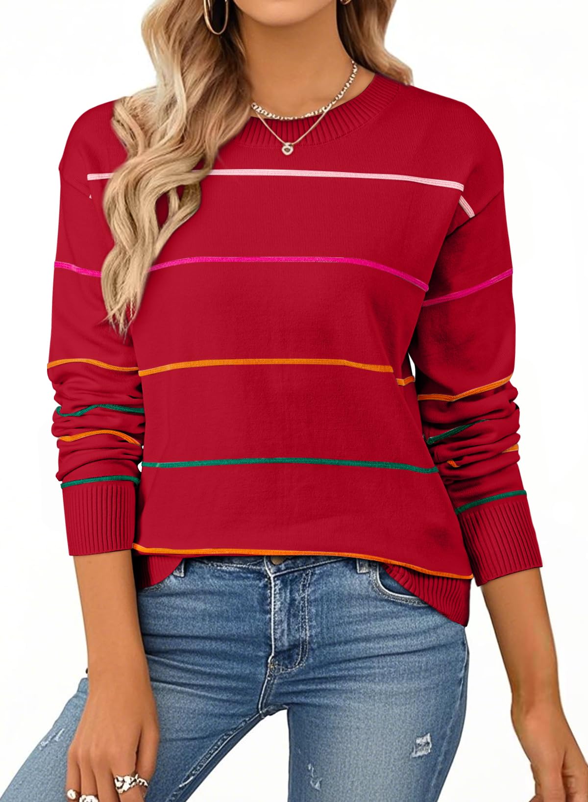 SHEWIN Womens Sweaters Crew Neck Knit Long Sleeve Striped Sweater Fall Outfits for Women 2026