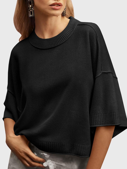 Saodimallsu Womens Short Sleeve Sweater Oversized Cropped Sweaters Knit Top
