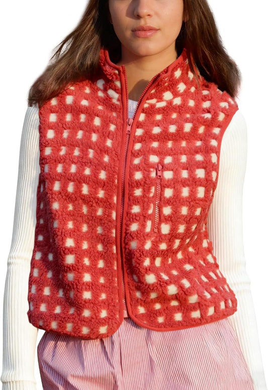 SeeLuNa Plaid Fleece Vest Women Sleeveless Sherpa Vest Full Zip Jacket
