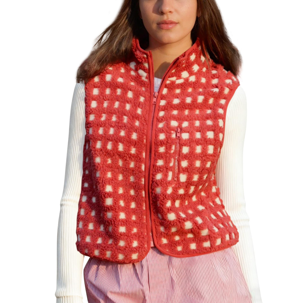 SeeLuNa Plaid Fleece Vest Women Sleeveless Sherpa Vest Full Zip Jacket