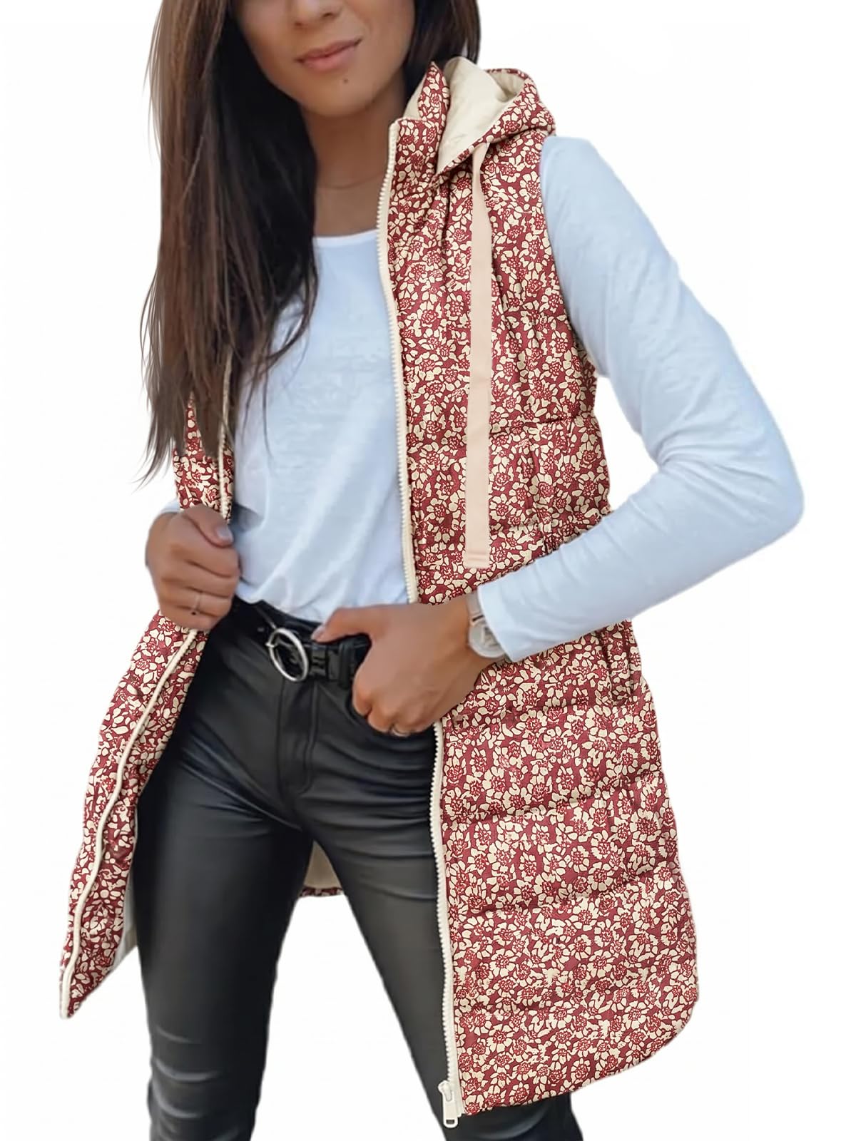 Veatzaer Women Long Vest Sleeveless Hood Winter Puffer Vest Outwear