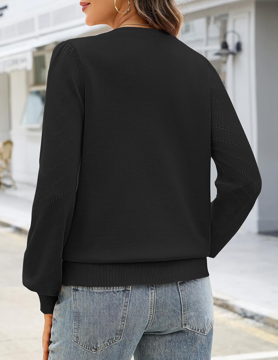 MEROKEETY Womens Fall Lightweight Sweater Long Sleeve Eyelet Pullover Tops