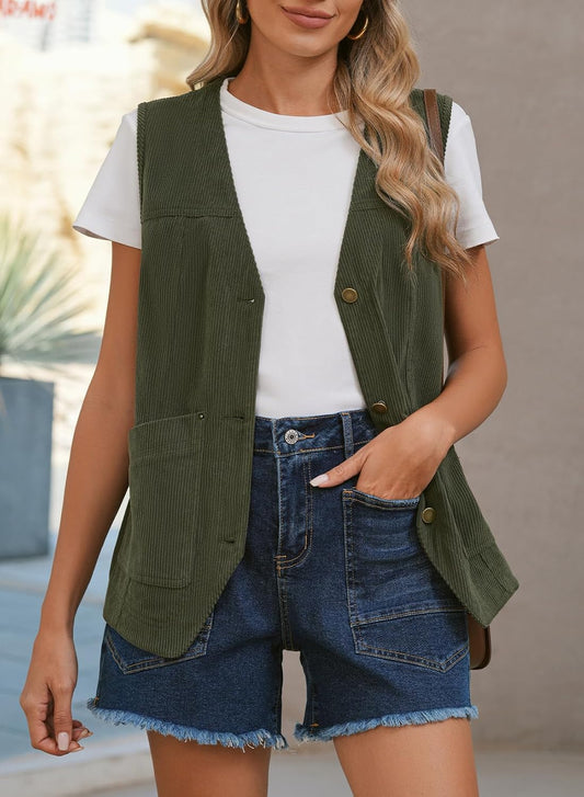 Dokotoo Womens Corduroy Vests Outerwear 2025 Button-Down Lightweight Waistcoat Sleeveless Jacket Casual Vest