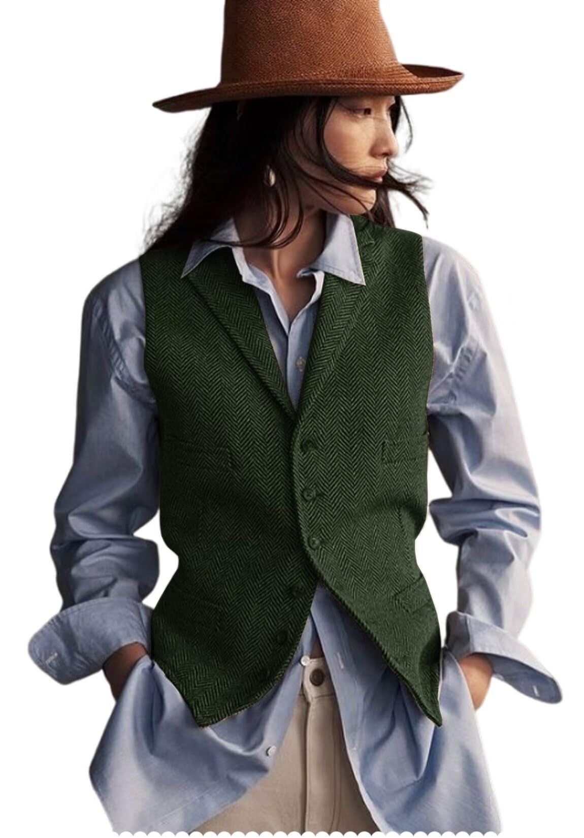 Women's Herringbone Tweed Waistcoat V-Neck Lapel Suit Vest