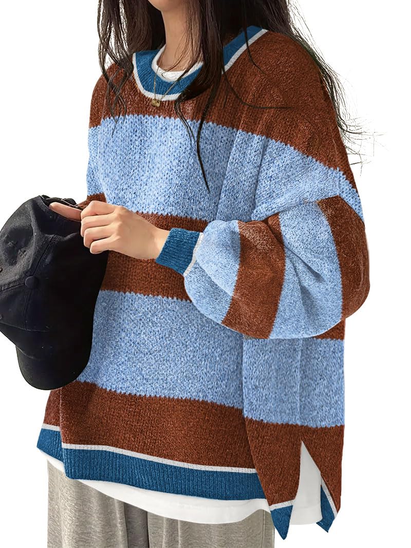 Womens Oversized Sweaters Fall Fashion Side Slit Ribbed Pullover Sweater