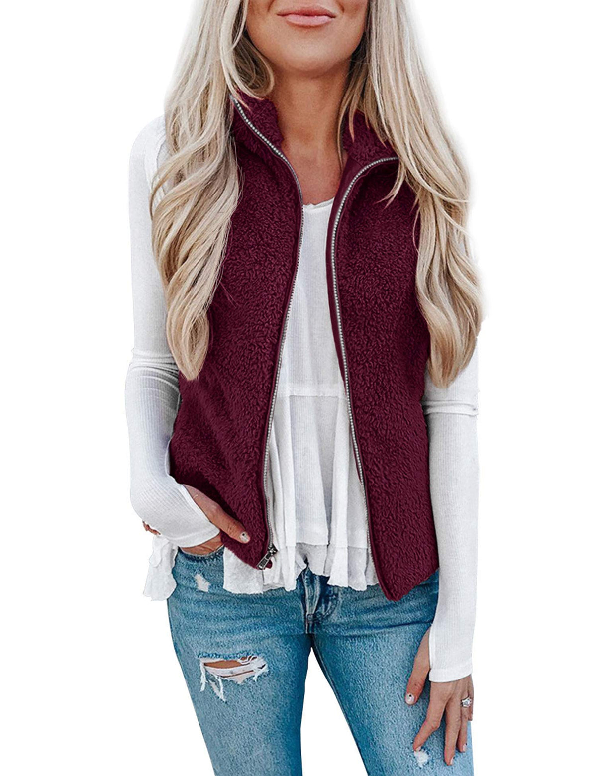 LOMON Womens Fuzzy Sherpa Fleece Jacket Lightweight Vest Cozy Sleeveless Cardigan Zipper Waistcoat Outerwear with Pocket