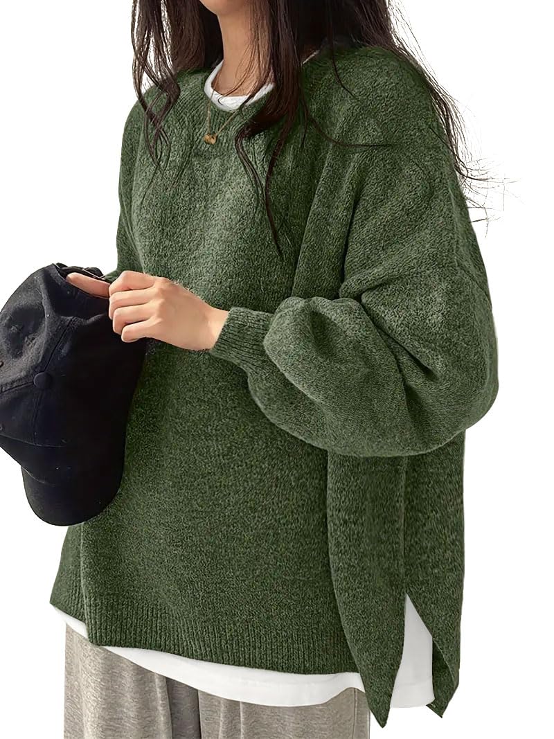 Womens Oversized Sweaters Fall Fashion Side Slit Ribbed Pullover Sweater
