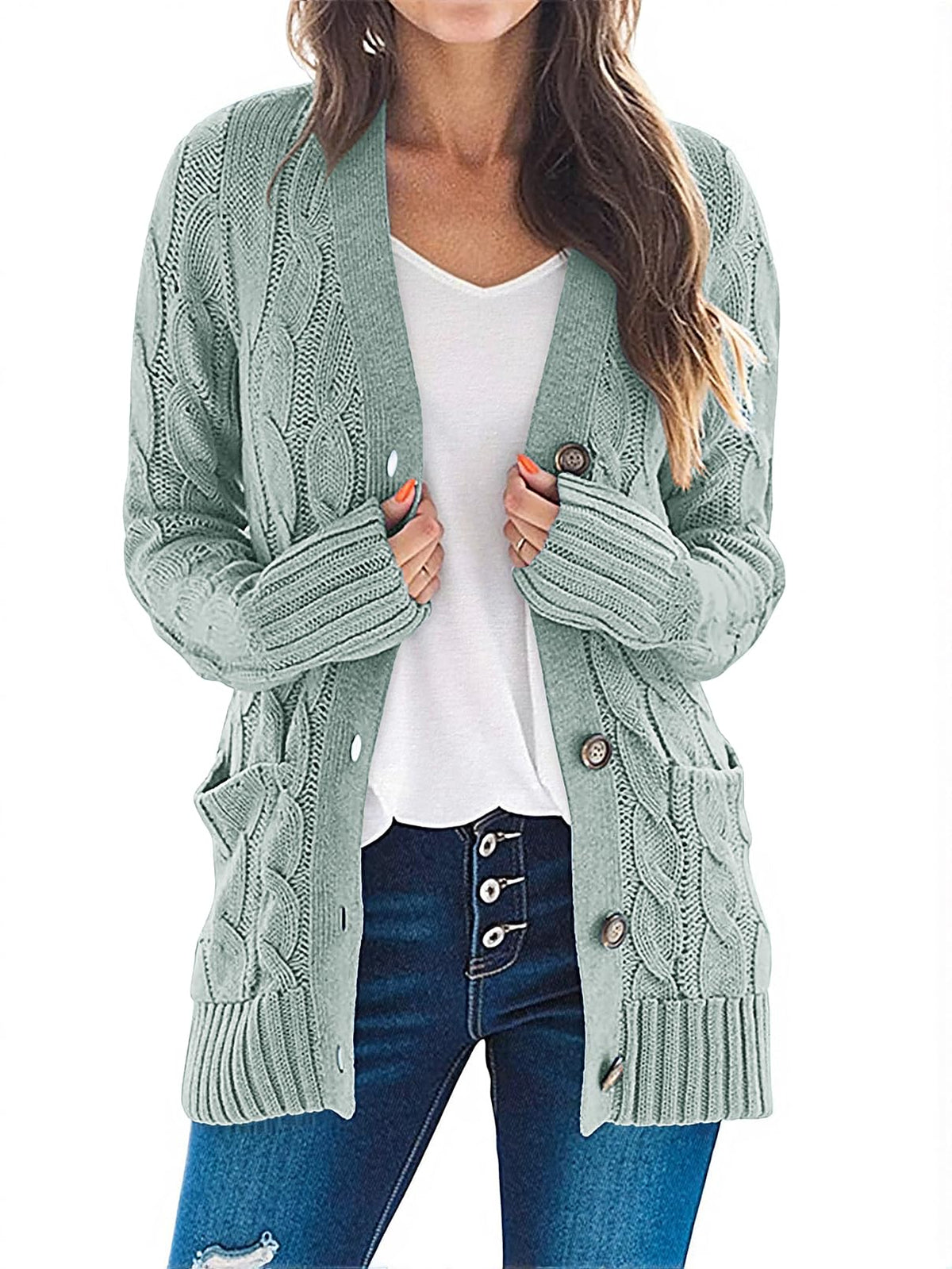 MEROKEETY Womens Fall 2026 Long Sleeve Cable Knit Cardigan Sweaters