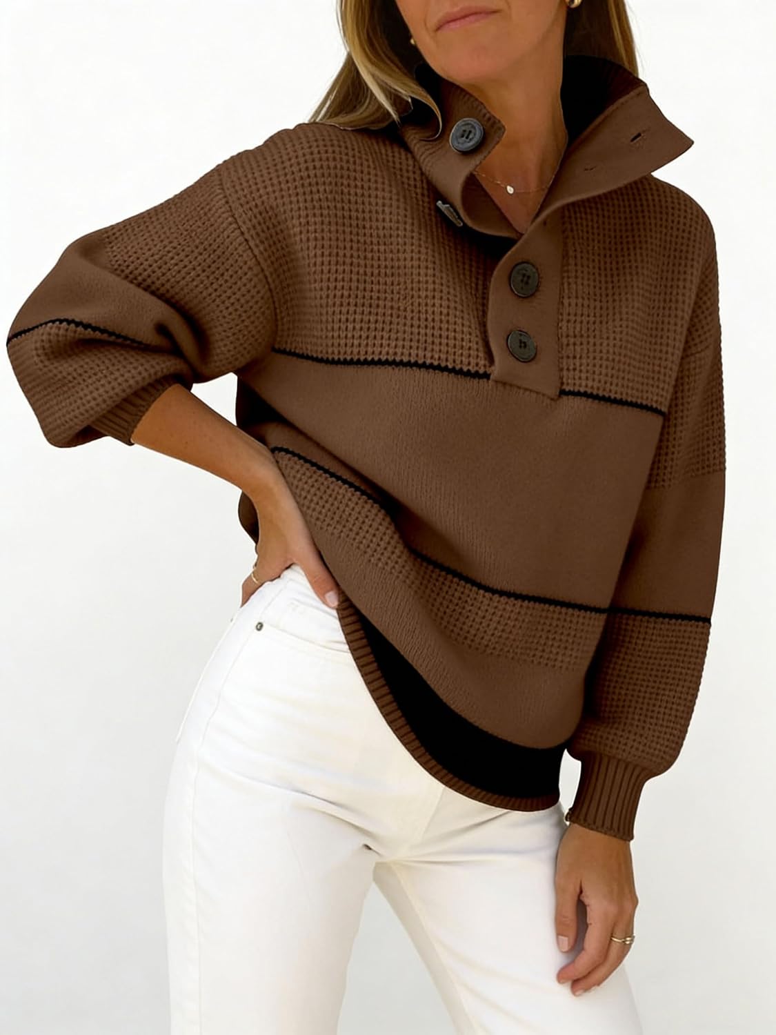 CHARTOU Women's Waffle Knit Knitwear Slouchy Striped Polo Collared Long Sleeve Pullover Sweater Tops