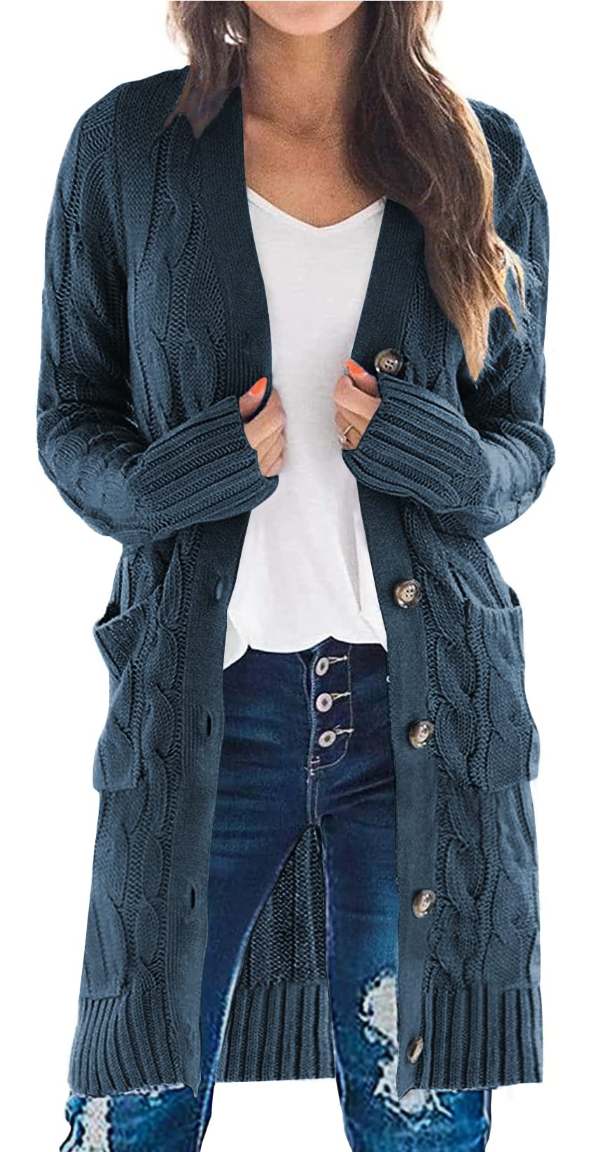 PRETTYGARDEN Womens Cable Knit Button Long Cardigan Sweaters