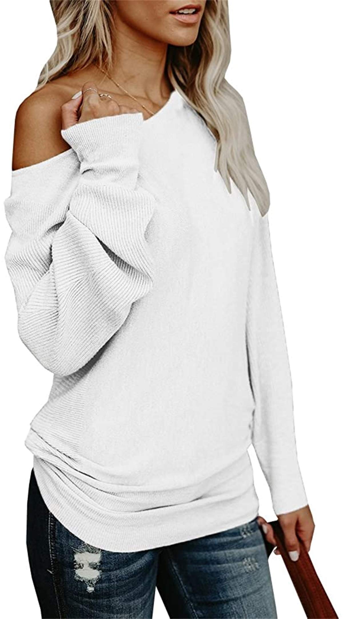 UMEKO Womens Off The Shoulder Sweater Oversized Knit Long Sleeve Sweaters Tunic Tops