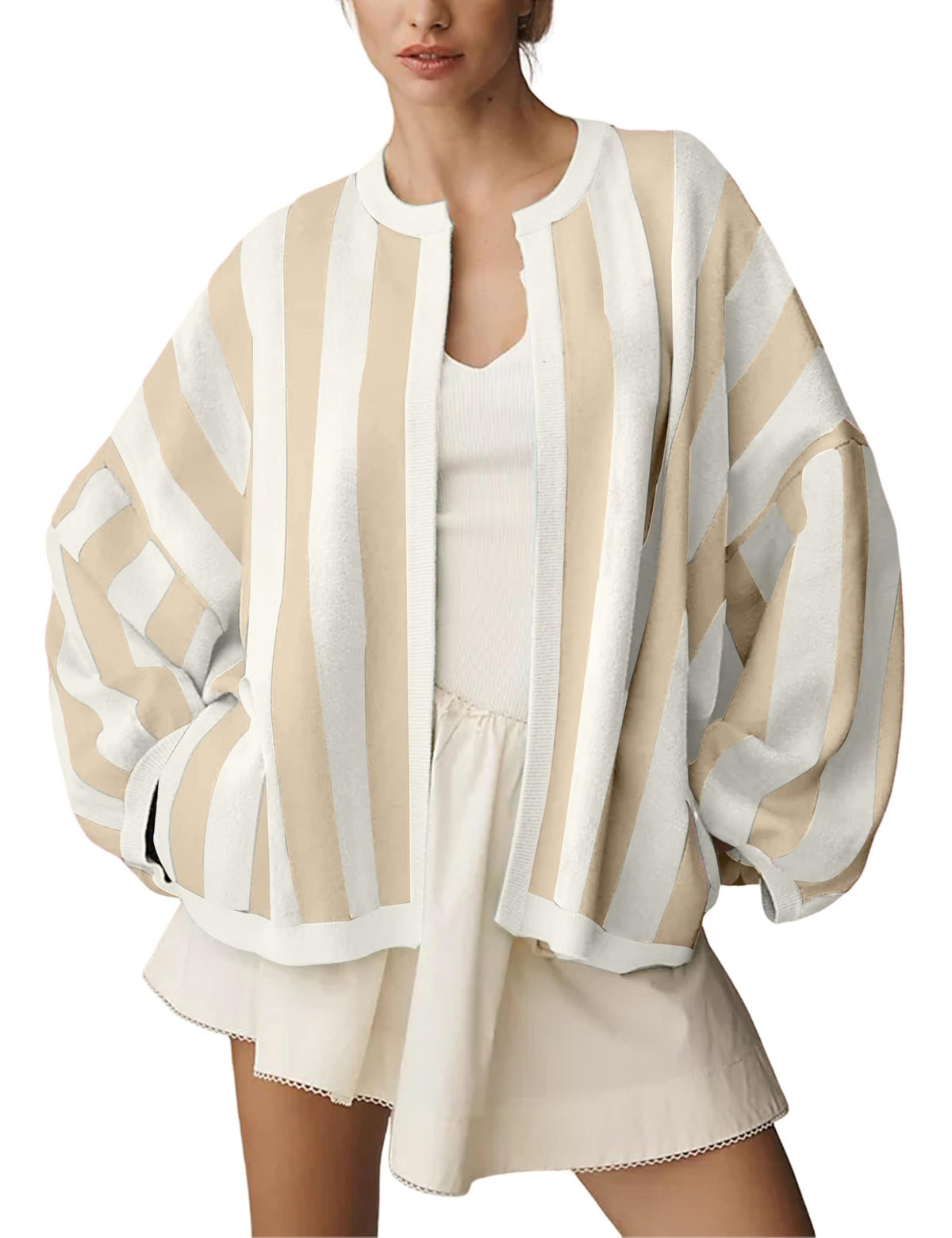 Women's Casual Loose Fit Striped Cardigan Long Balloon Sleeves Open Front Knit Sweater