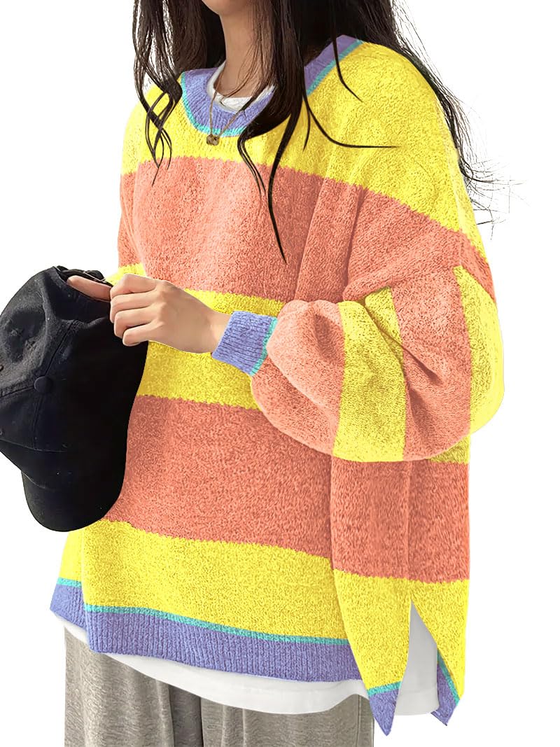 Womens Oversized Sweaters Fall Fashion Side Slit Ribbed Pullover Sweater