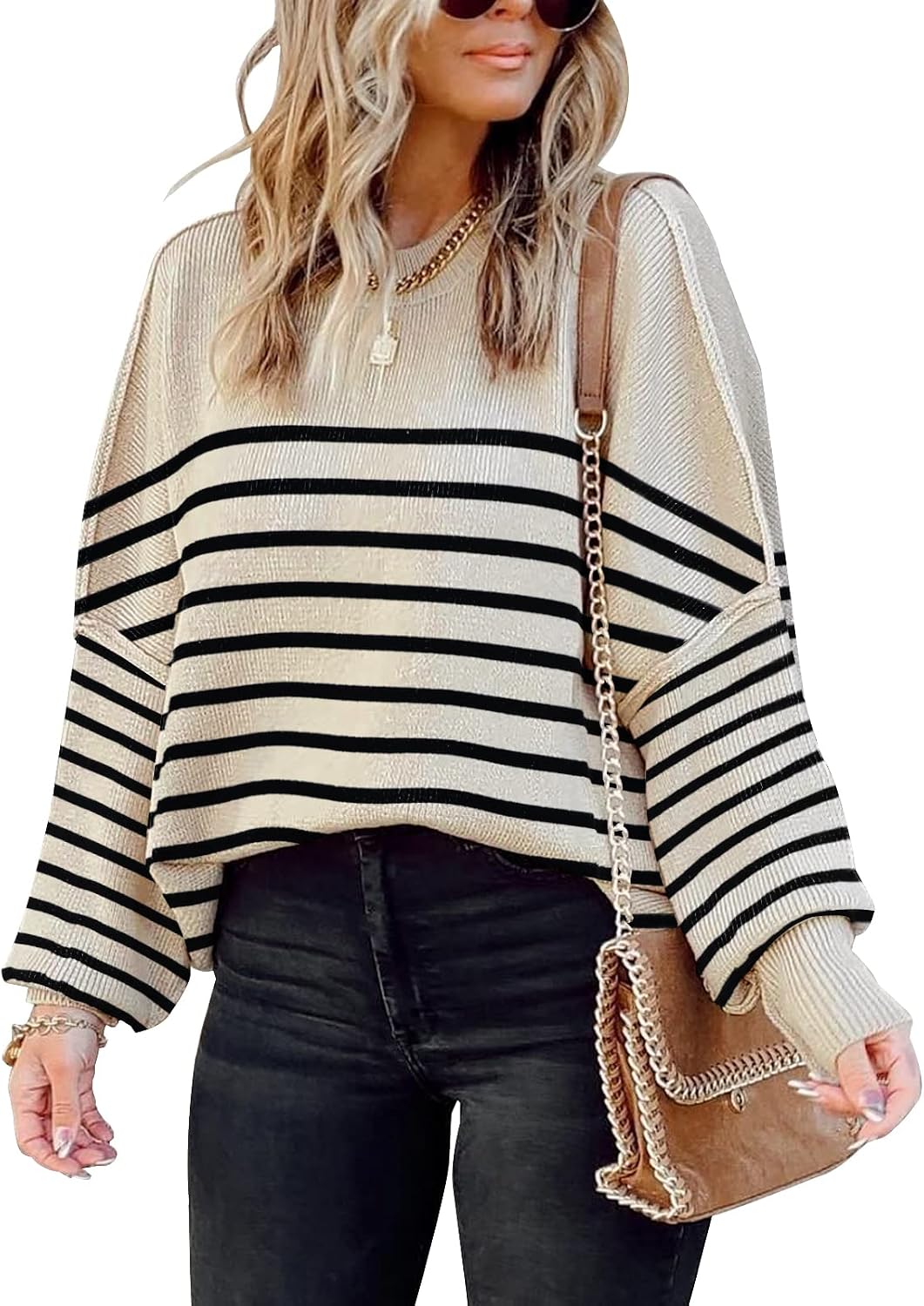 Womens Sweaters Causal Crewneck Batwing Sleeve Knit Top Side Split Oversized Pullover Sweater Loose Jumper