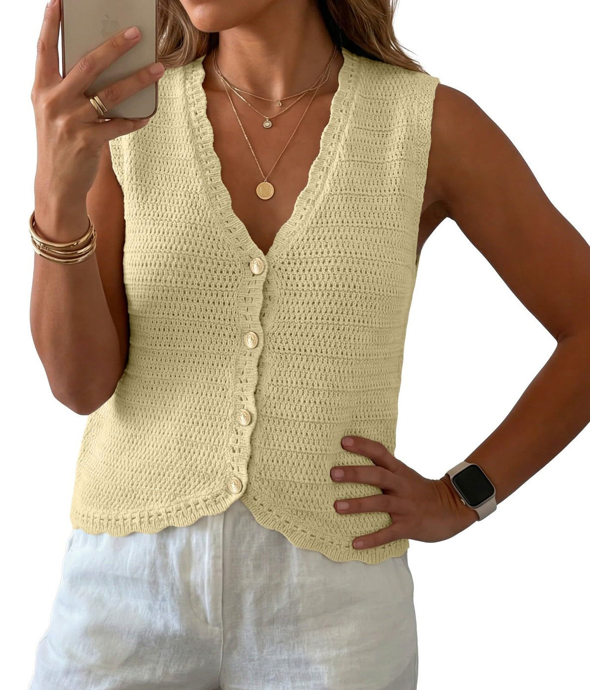 GRECERELLE Women's Summer Sleeveless V Neck Sweater Vest Knit Tank Top