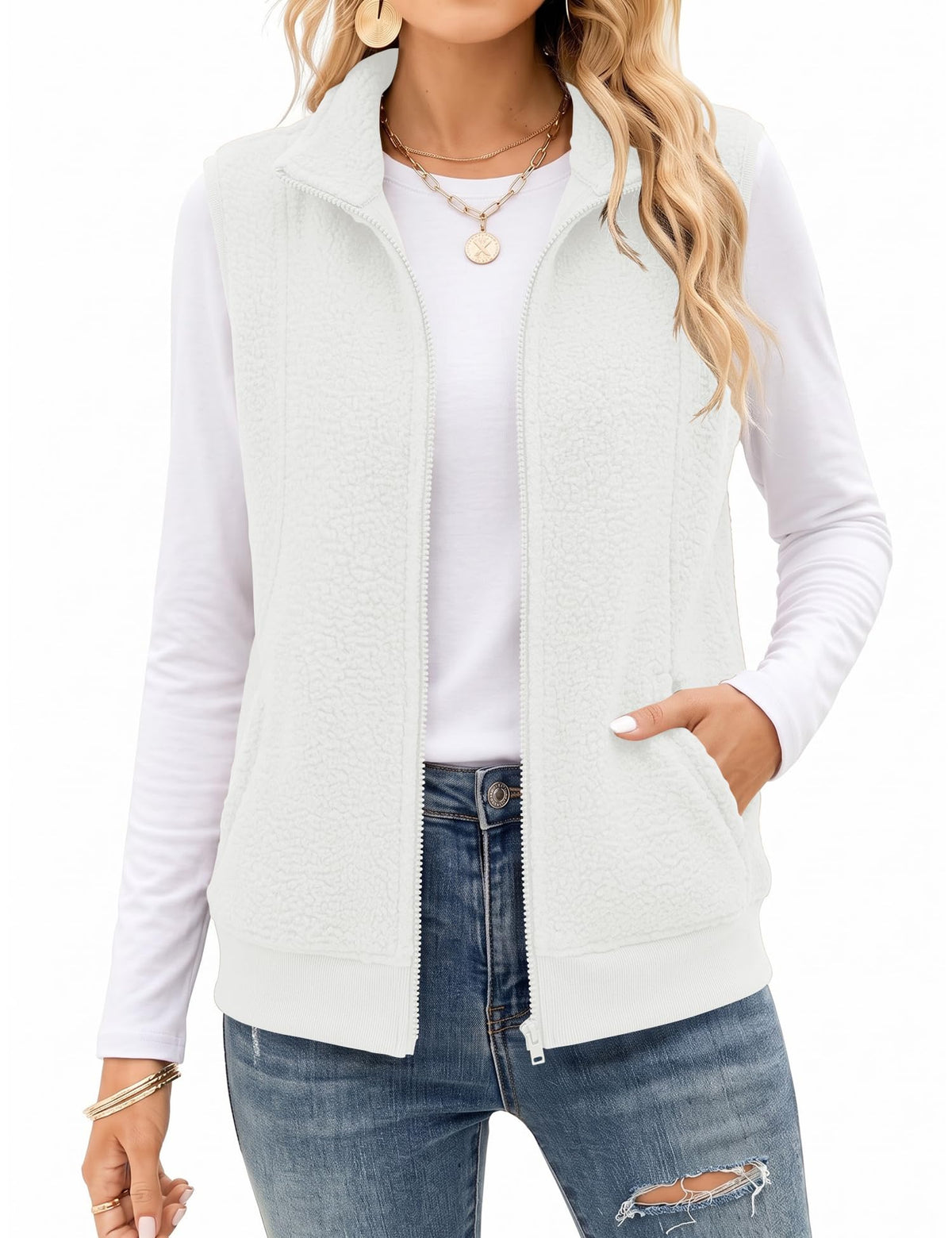 AKEWEI Womens Sherpa Fleece Vest Trendy Warm Sleeveless Vests Jacket
