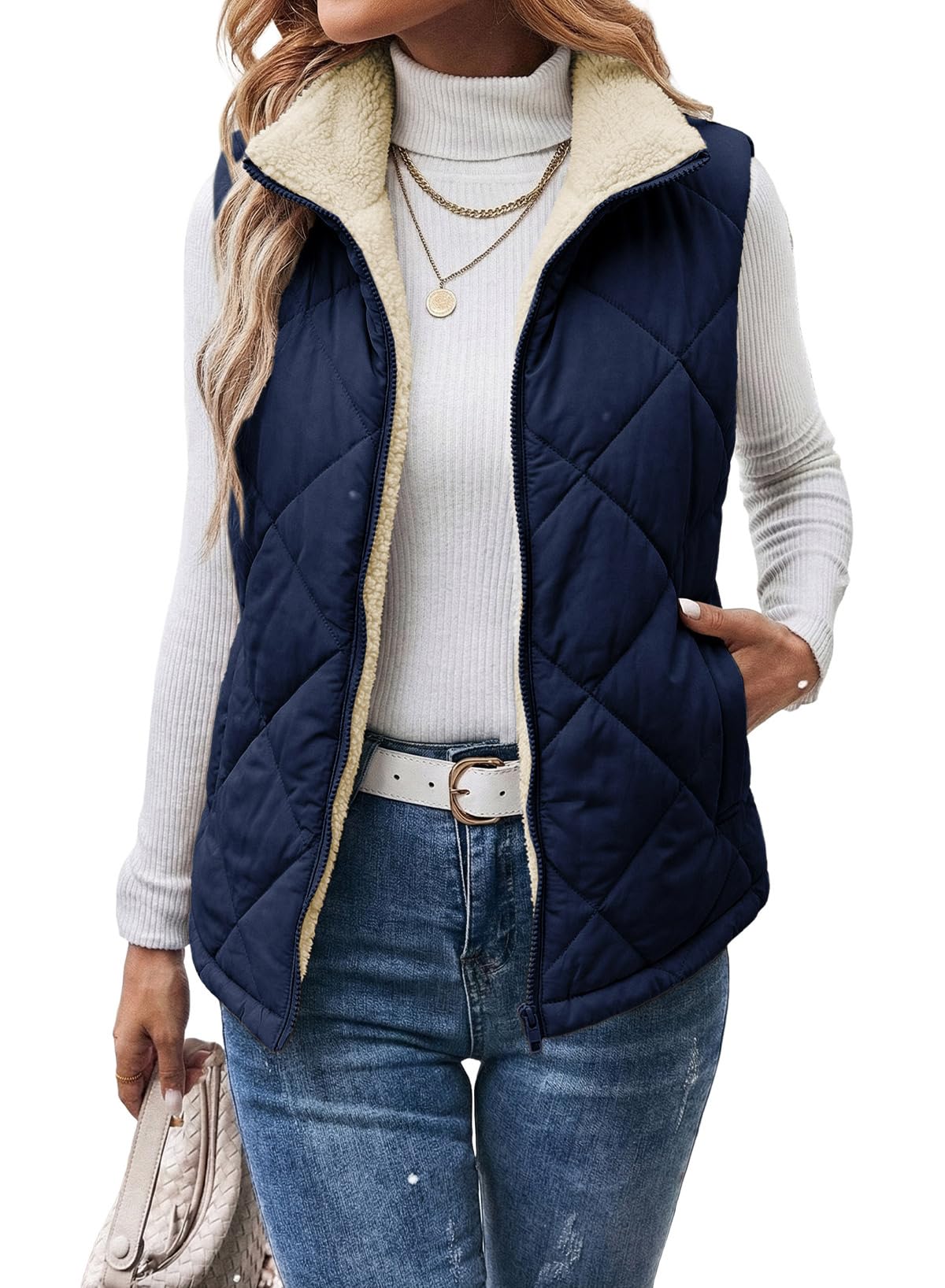 Dokotoo Womens Sherpa Fleece Vest Stand Collar Zip Up Puffer Quilted Jacket