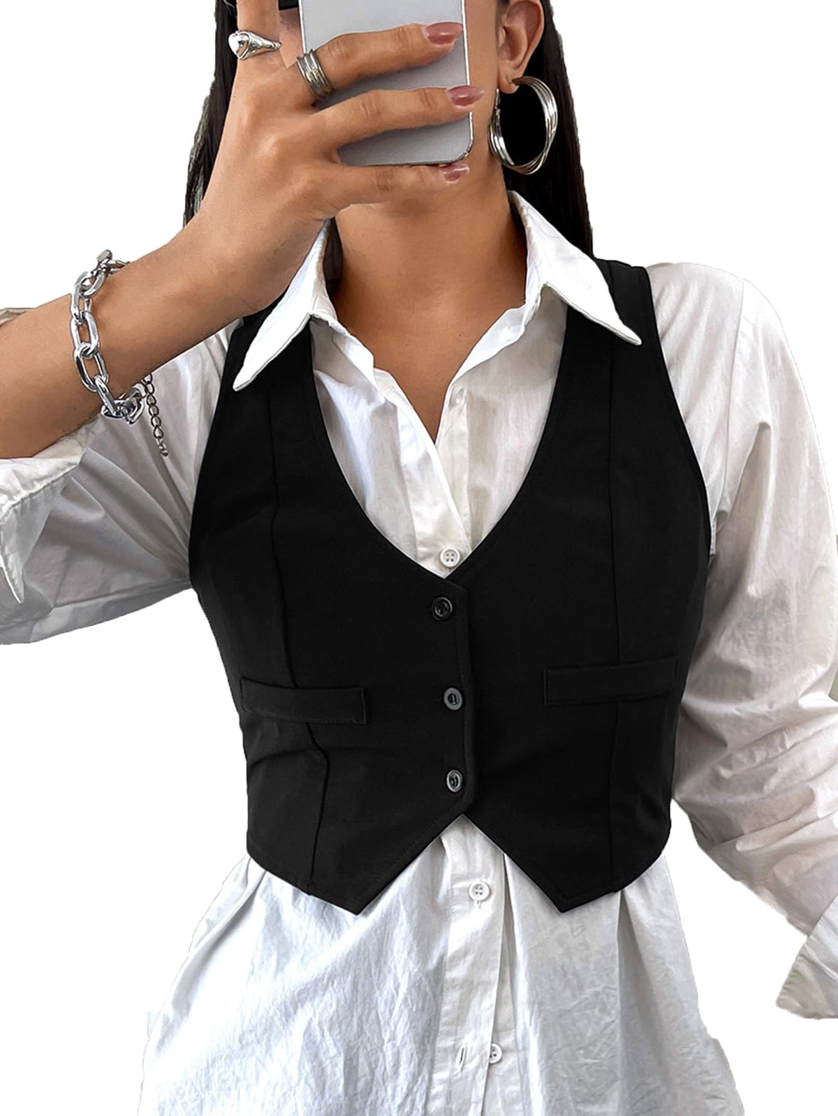 SweatyRocks Women's Solid Button Front Crop Waistcoat V Neck Vest Tops