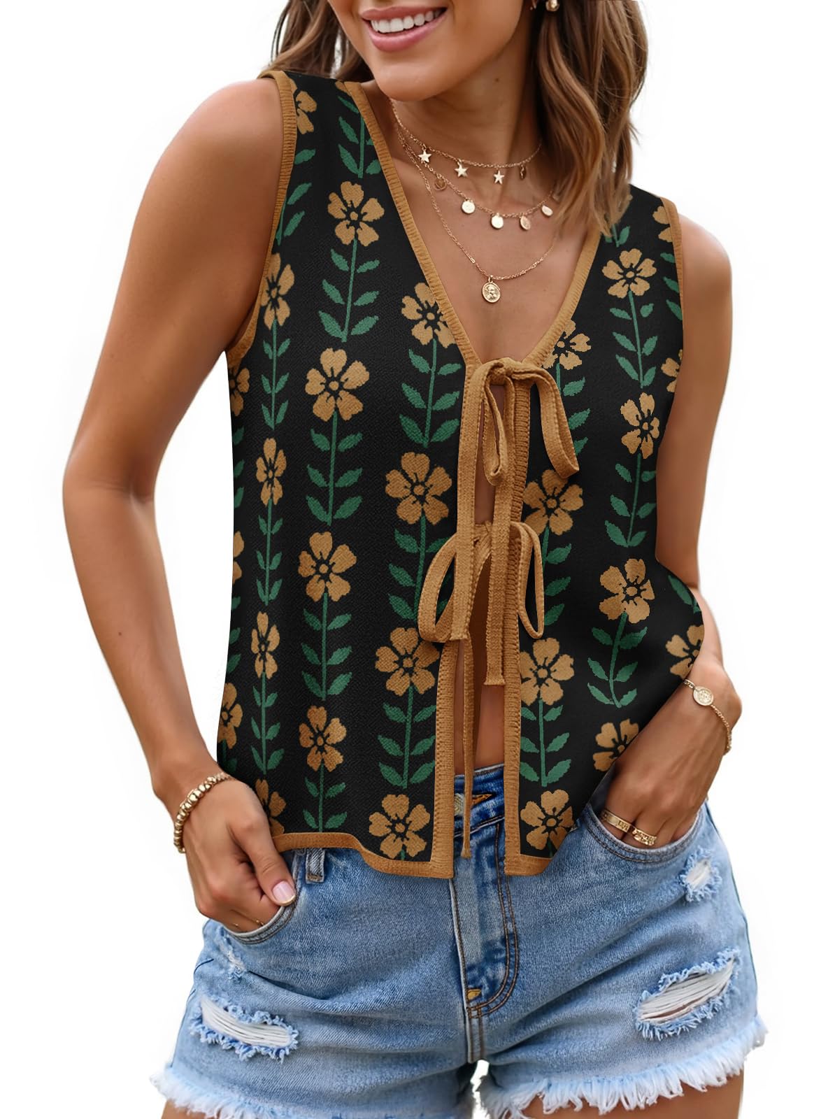 ZESICA Women's 2026 Summer Tie Front Sweater Vest Top