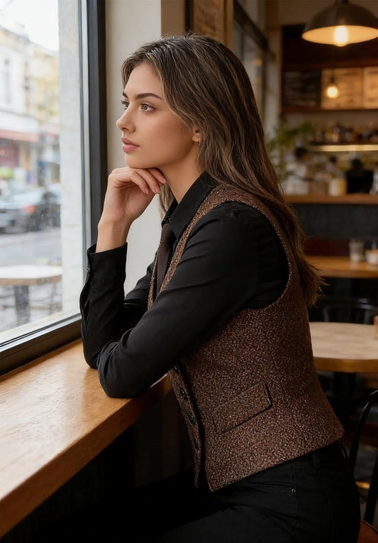 Women's Herringbone Tweed Waistcoat Slim-Fit Suit Vest