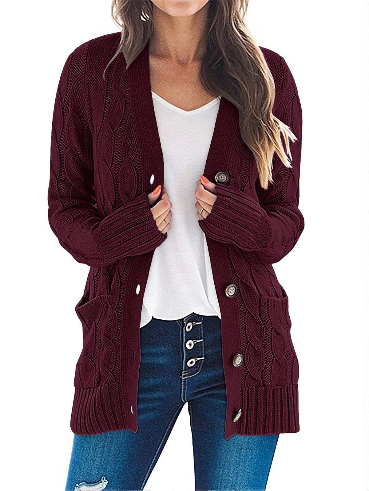 MEROKEETY Womens Fall 2026 Long Sleeve Cable Knit Cardigan Sweaters