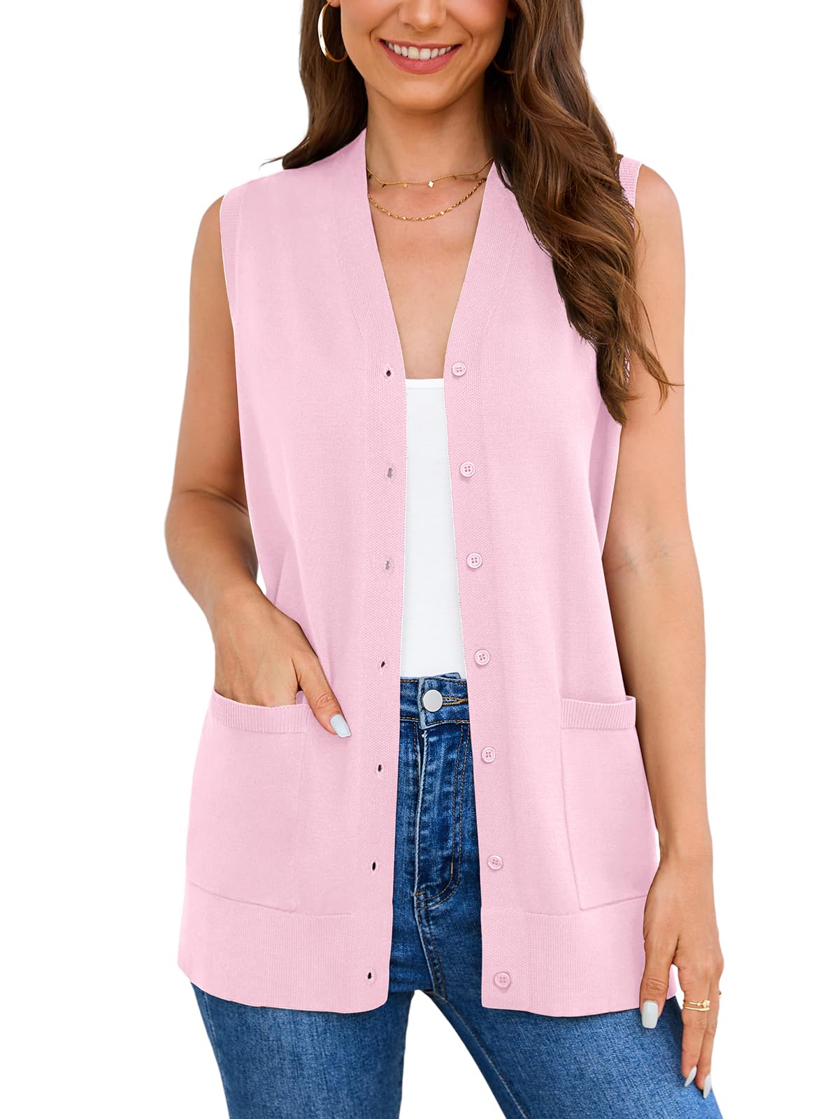 Veryoung Women's 2026 Sleeveless Button Down Cardigan Sweaters Fashion Casual Soft Knit Office Duster Vests with Cozy Pockets
